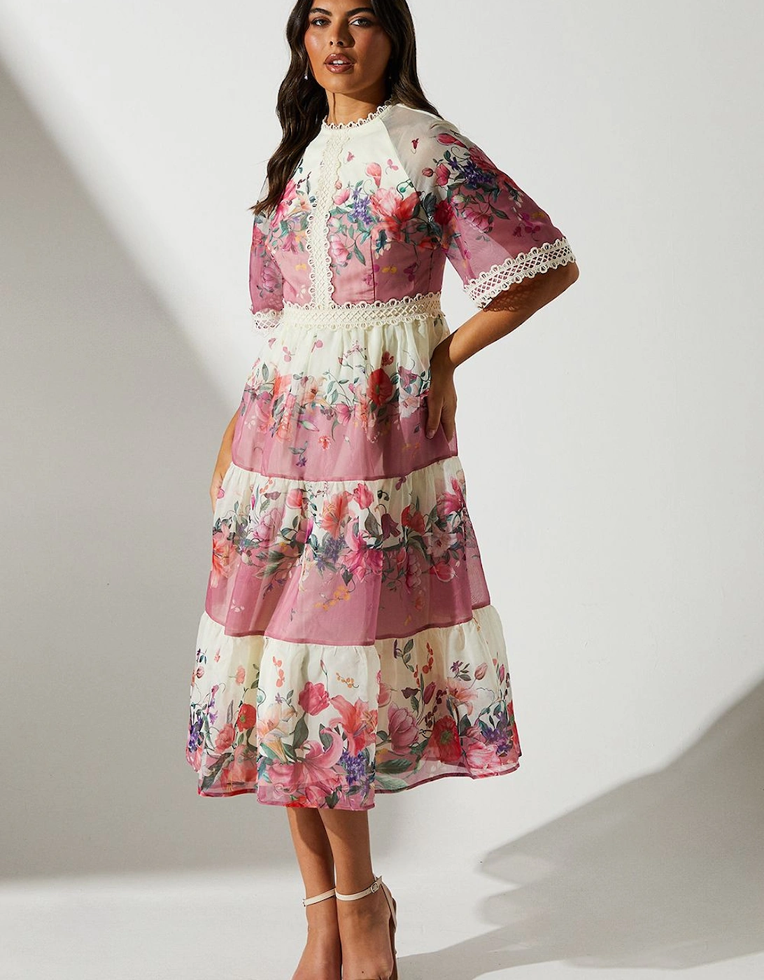 Organza Floral Tiered Lace Trim Midi Dress, 6 of 5