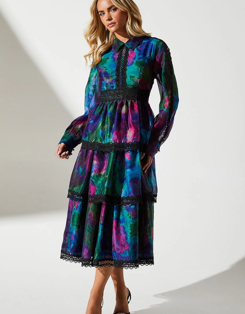 Petite Printed Organza Long Sleeve Midi Wedding Guest Dress