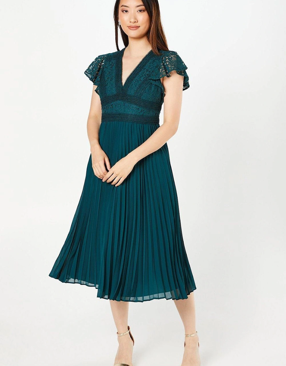 Petite Lace Top Pleated Skirt Fit & Flare Midi Dress, 6 of 5