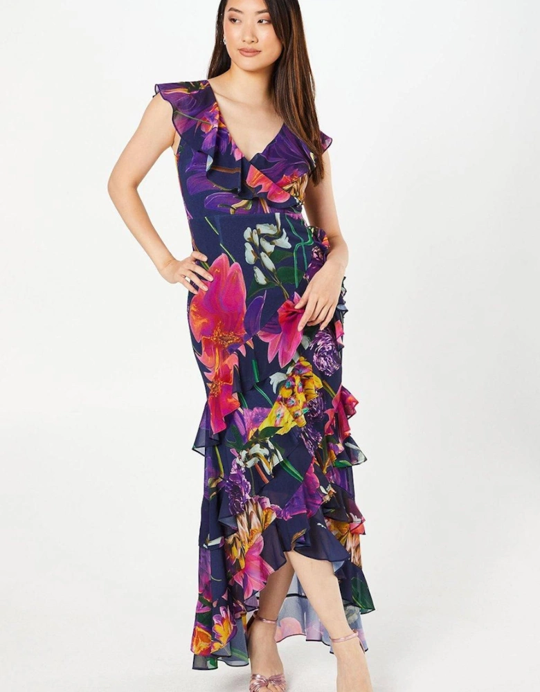 Printed Chiffon Ruffle Maxi Wedding Guest Dress