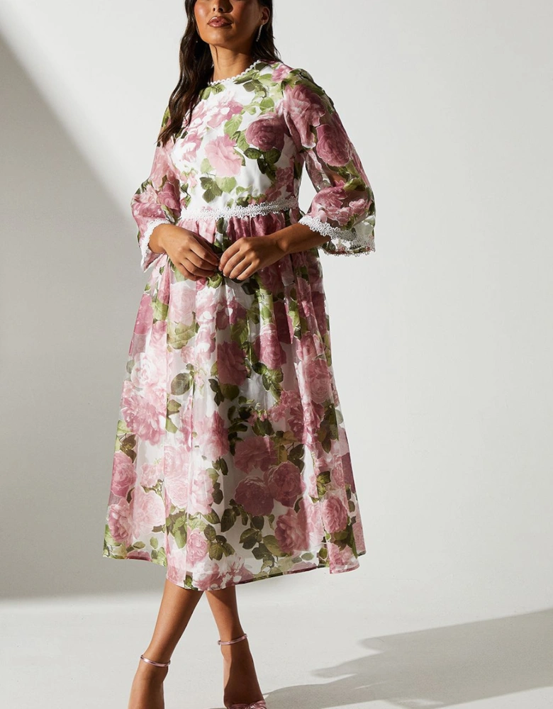 Organza Floral Lace Trim Midi Dress