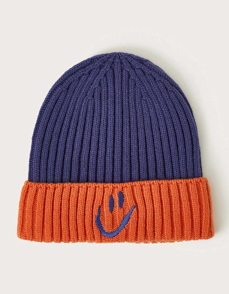 Boys Happy Colour Block Rib Beanie - Blue