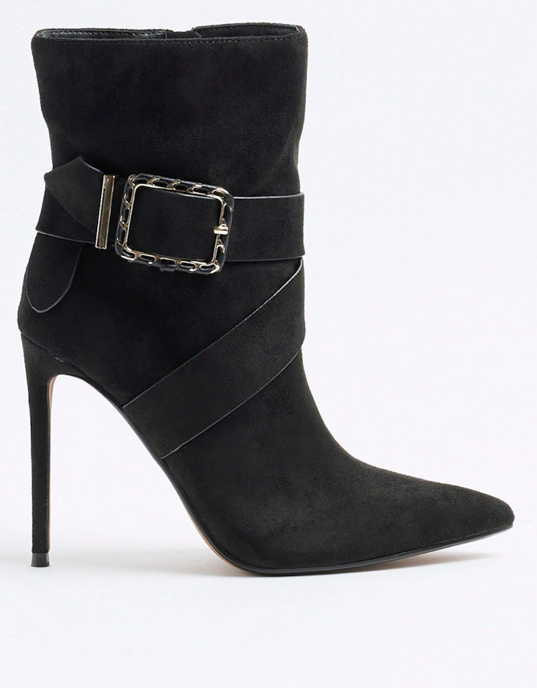 Woven Buckle Heeled Boot - Black