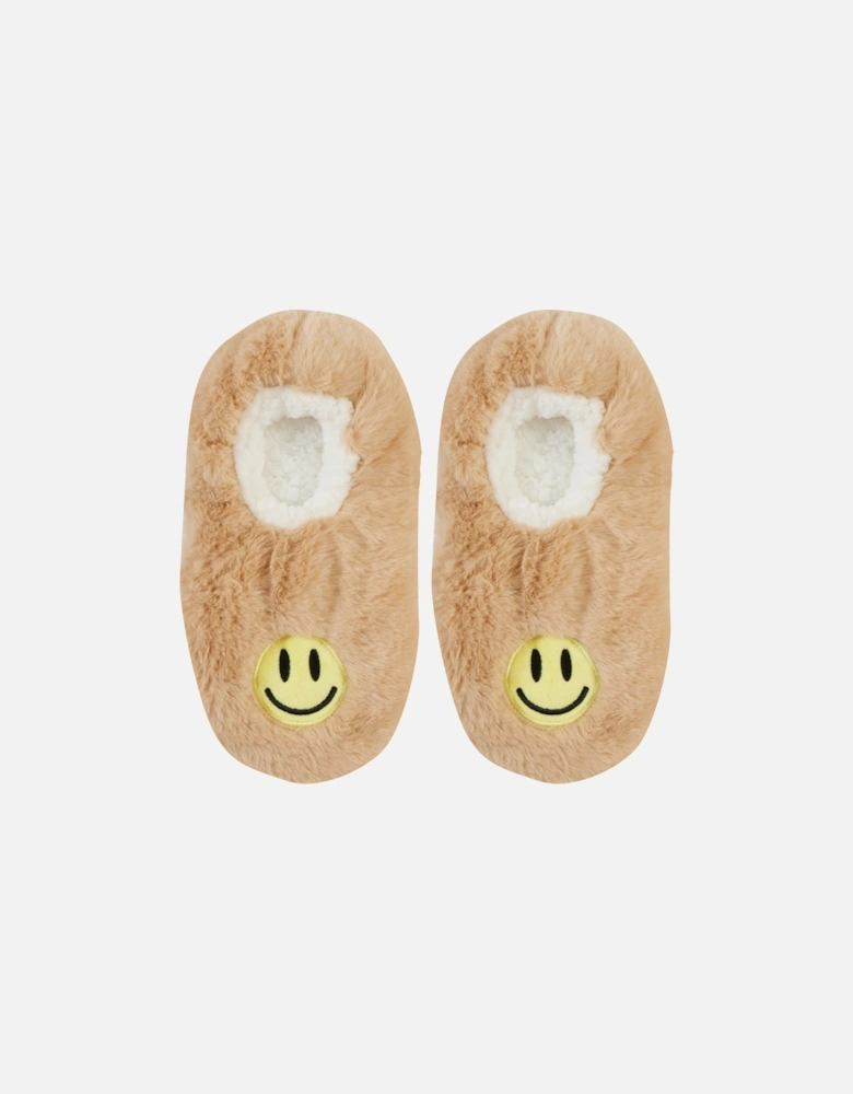 Wild Feet Slippers Light Brown with Yellow Smiley