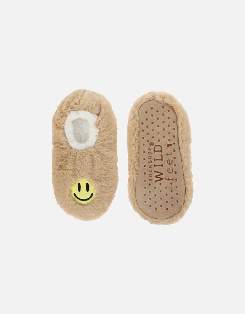 Wild Feet Slippers Light Brown with Yellow Smiley