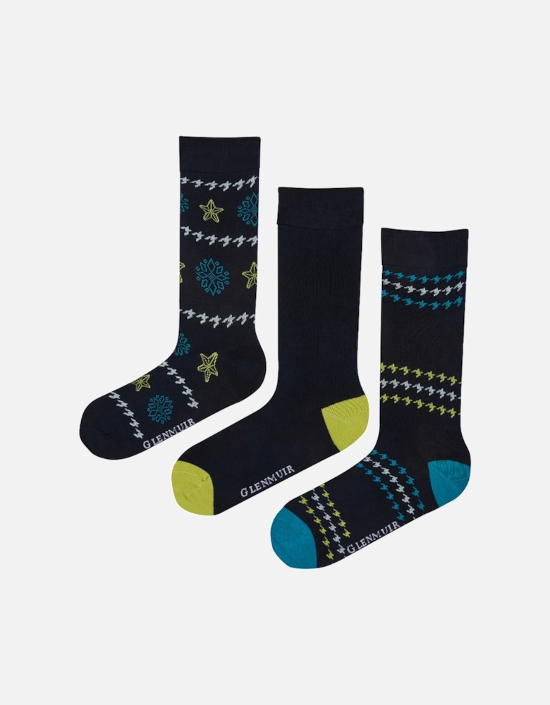 Glenmuir 3-Pack Bamboo Gift Box Navy Sock with Green/Teal Dog Tooth Lurex