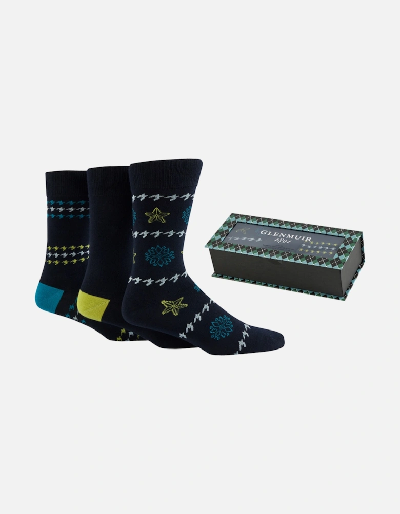 Glenmuir 3-Pack Bamboo Gift Box Navy Sock with Green/Teal Dog Tooth Lurex