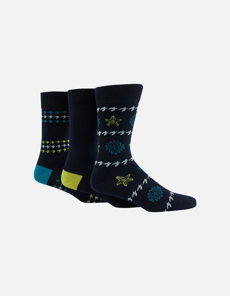 Glenmuir 3-Pack Bamboo Gift Box Navy Sock with Green/Teal Dog Tooth Lurex