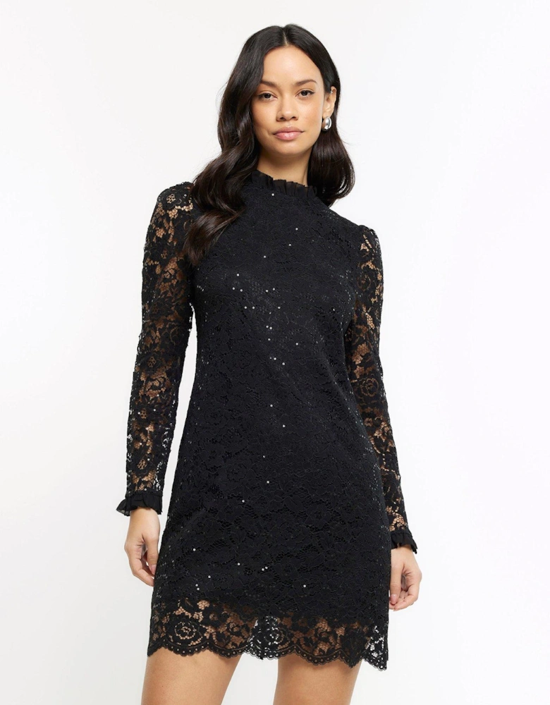 Lace Shift Mini Dress - Black