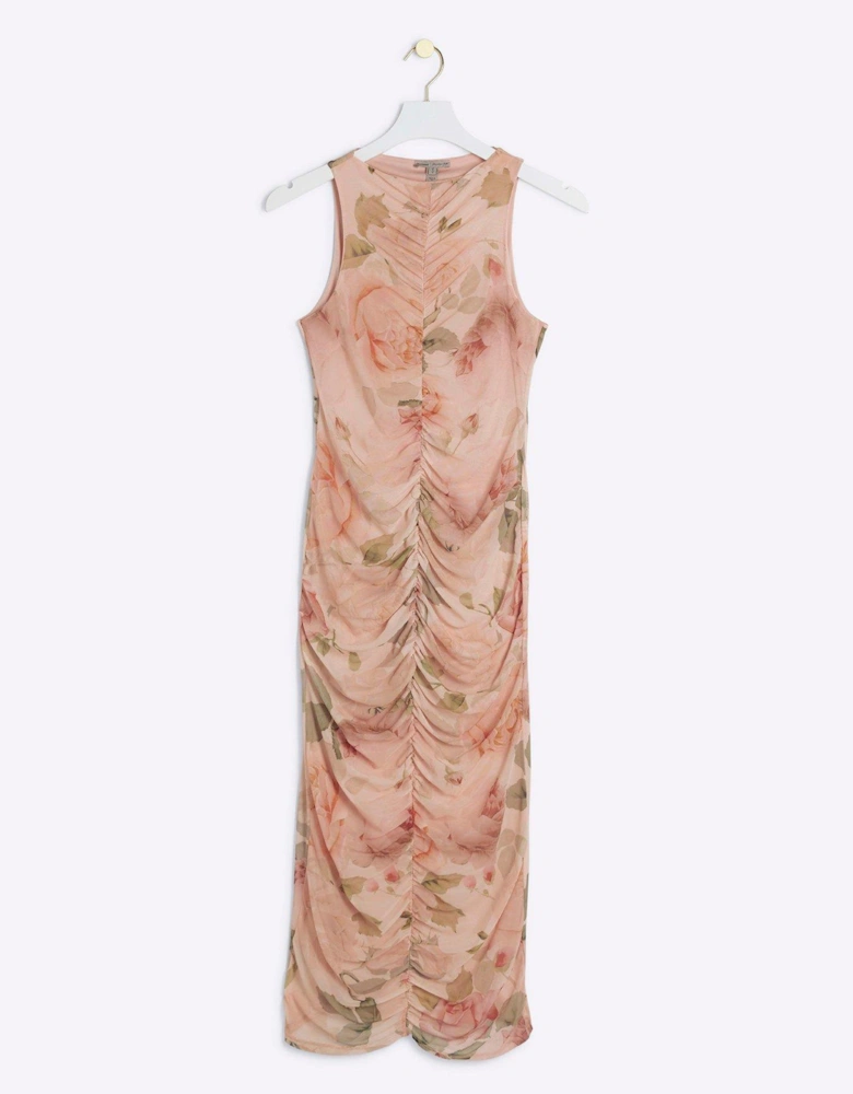 Ruched Printed Mesh Midi Dress - Light Beige