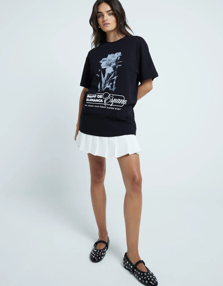 Floral Slogan Boyfriend Tee - Black