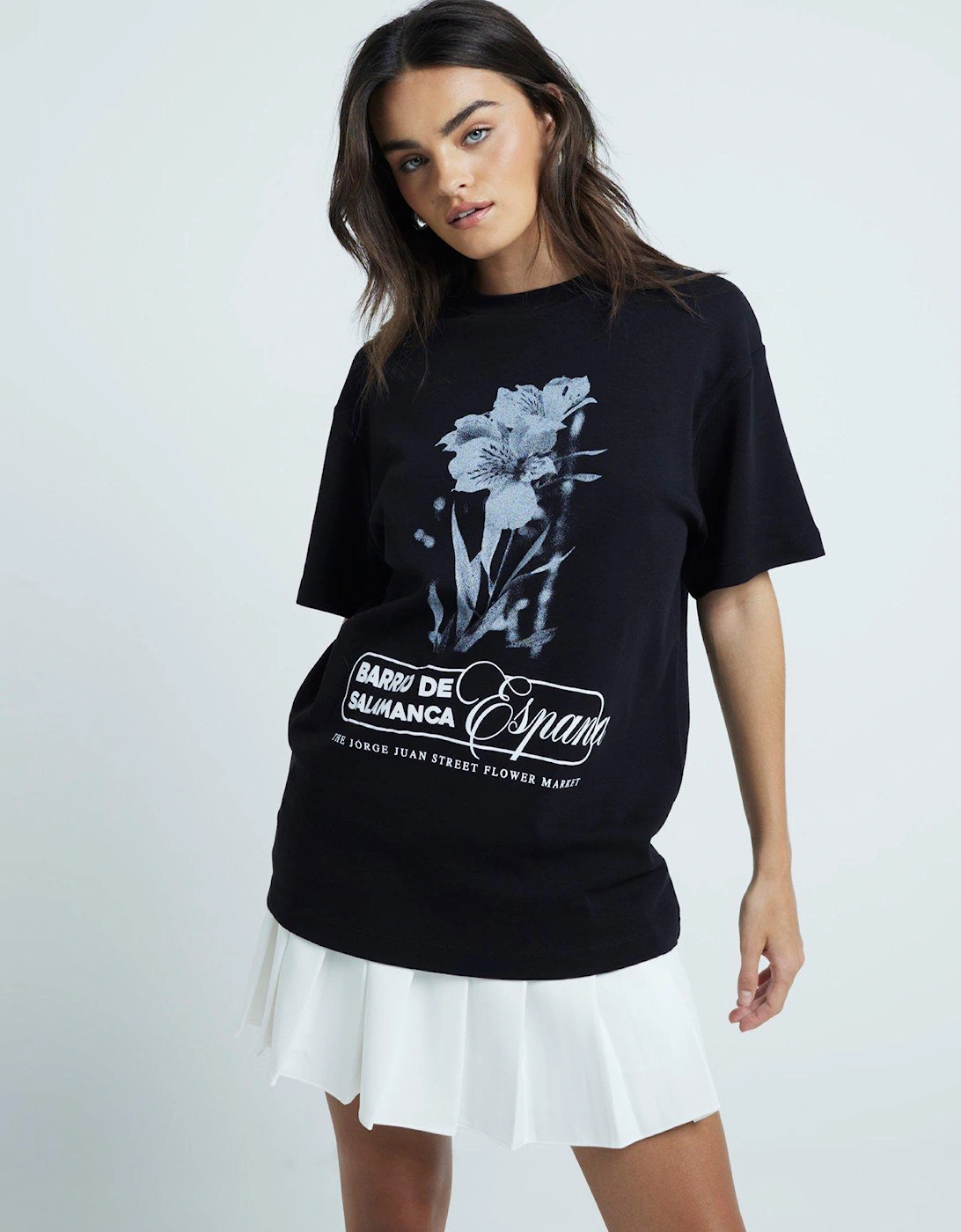 Floral Slogan Boyfriend Tee - Black