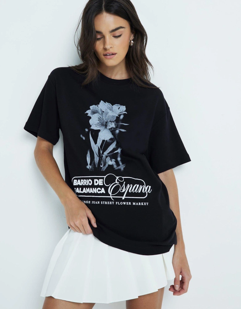 Floral Slogan Boyfriend Tee - Black