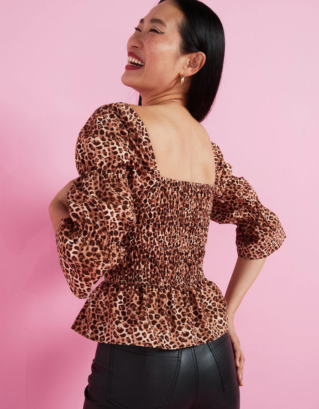 Leopard Print Shirred Detail Top - Brown