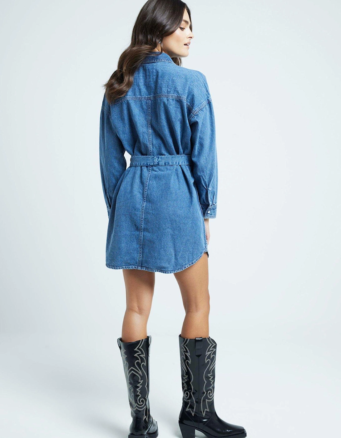 Belted Shirt Dress - Medium Denim - Blue