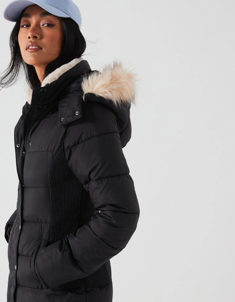 Waist Detail Padded Coat - Black