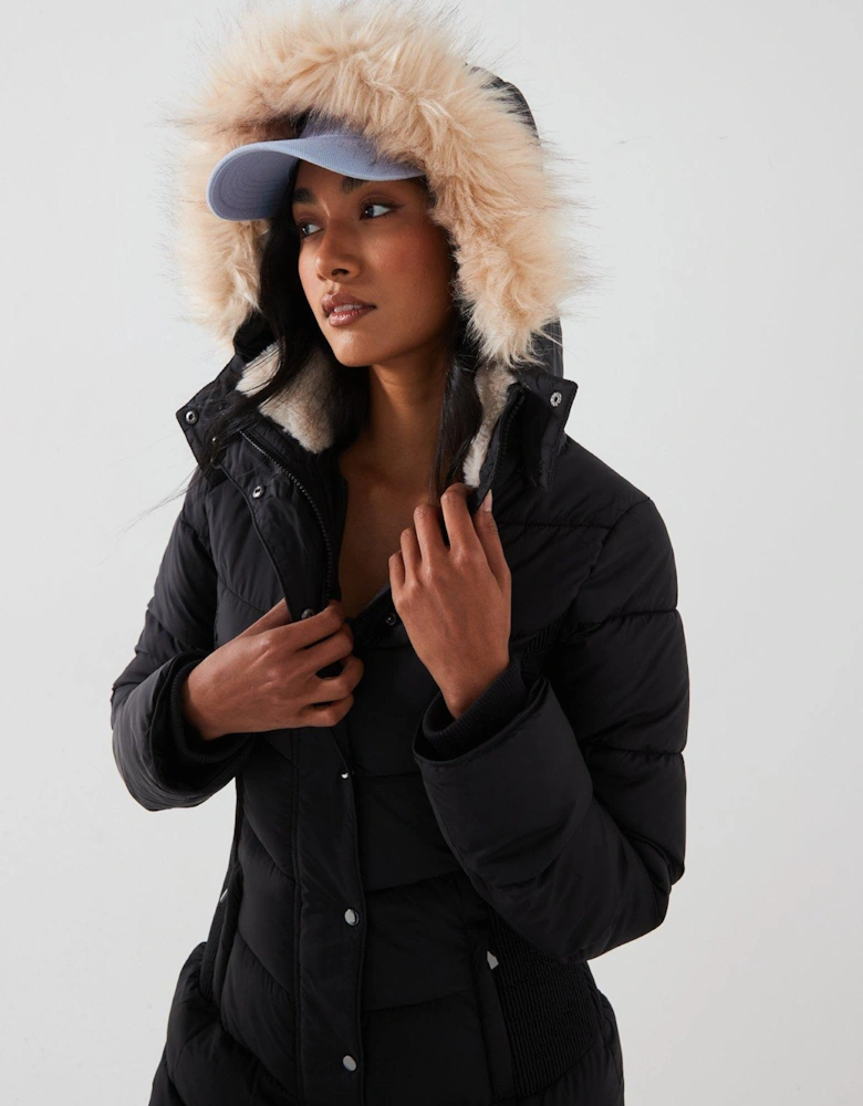 Waist Detail Padded Coat - Black