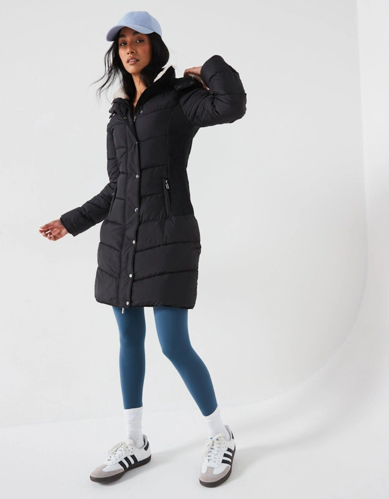 Waist Detail Padded Coat - Black