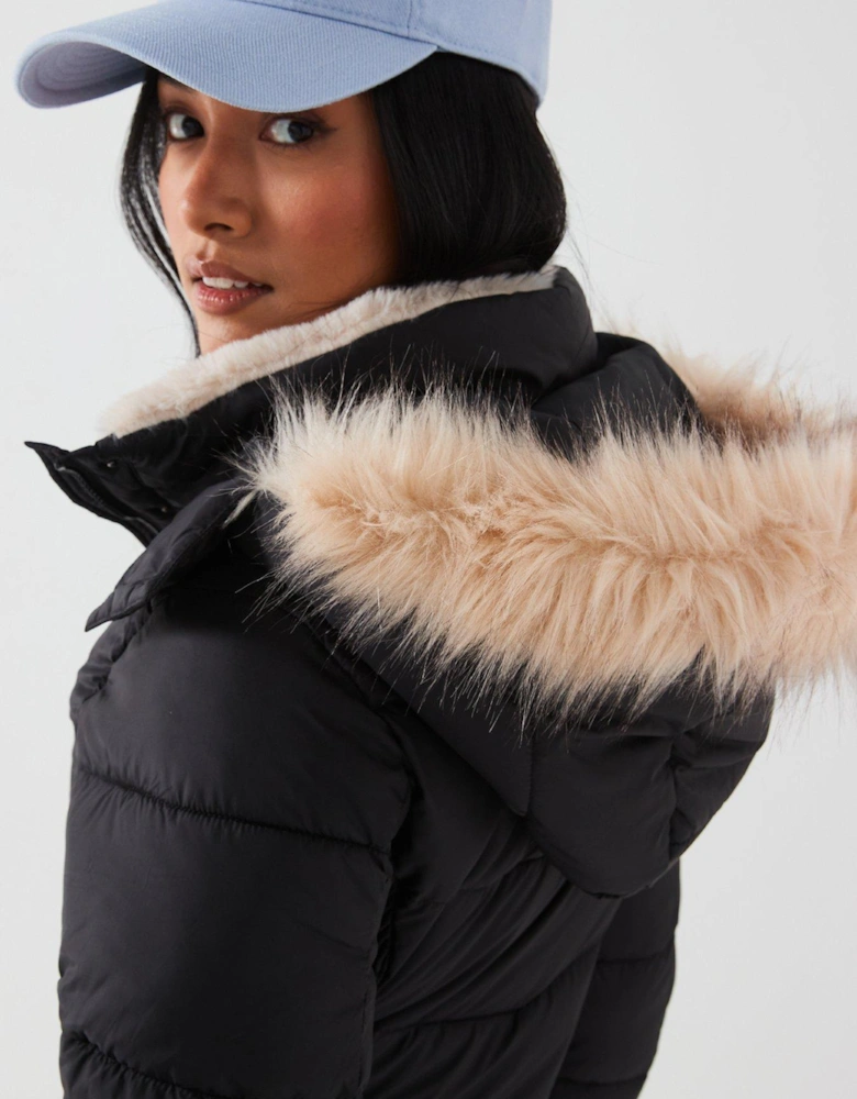 Waist Detail Padded Coat - Black