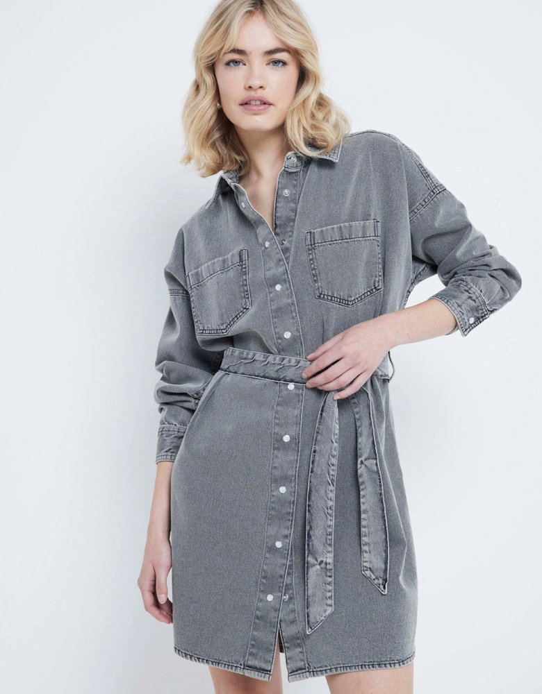 Belted Shirt Dress - Light Grey