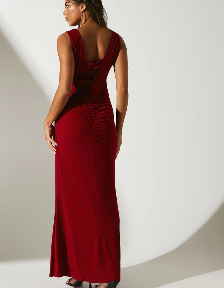 Ruched Bodice V Neck Jersey Fishtail Maxi Dress