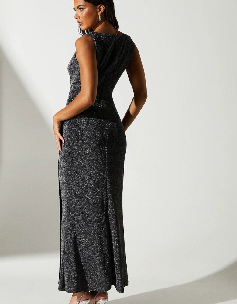 Metallic Jersey Cowl Neck Wrap Skirt Maxi Dress