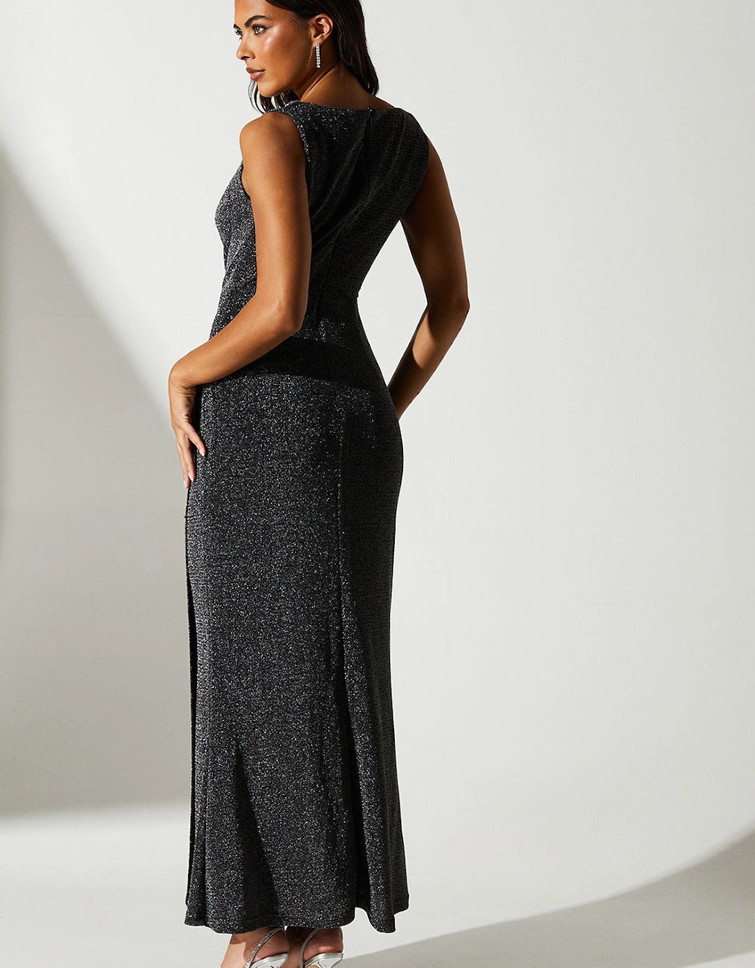 Metallic Jersey Cowl Neck Wrap Skirt Maxi Dress