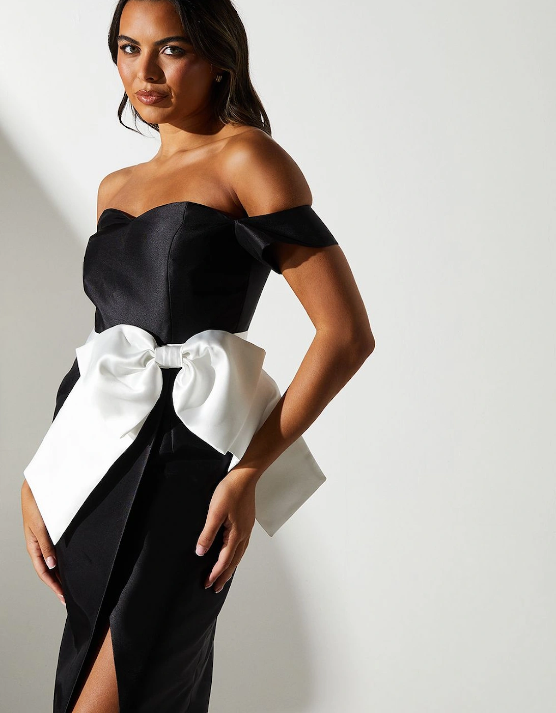 Twill Bardot Bow Waist Column Black Dress