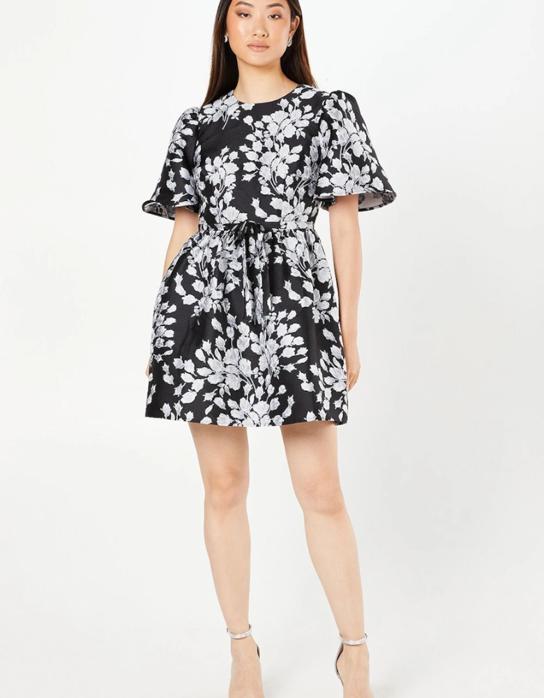 Floral Jacquard Short Sleeve Mini Dress