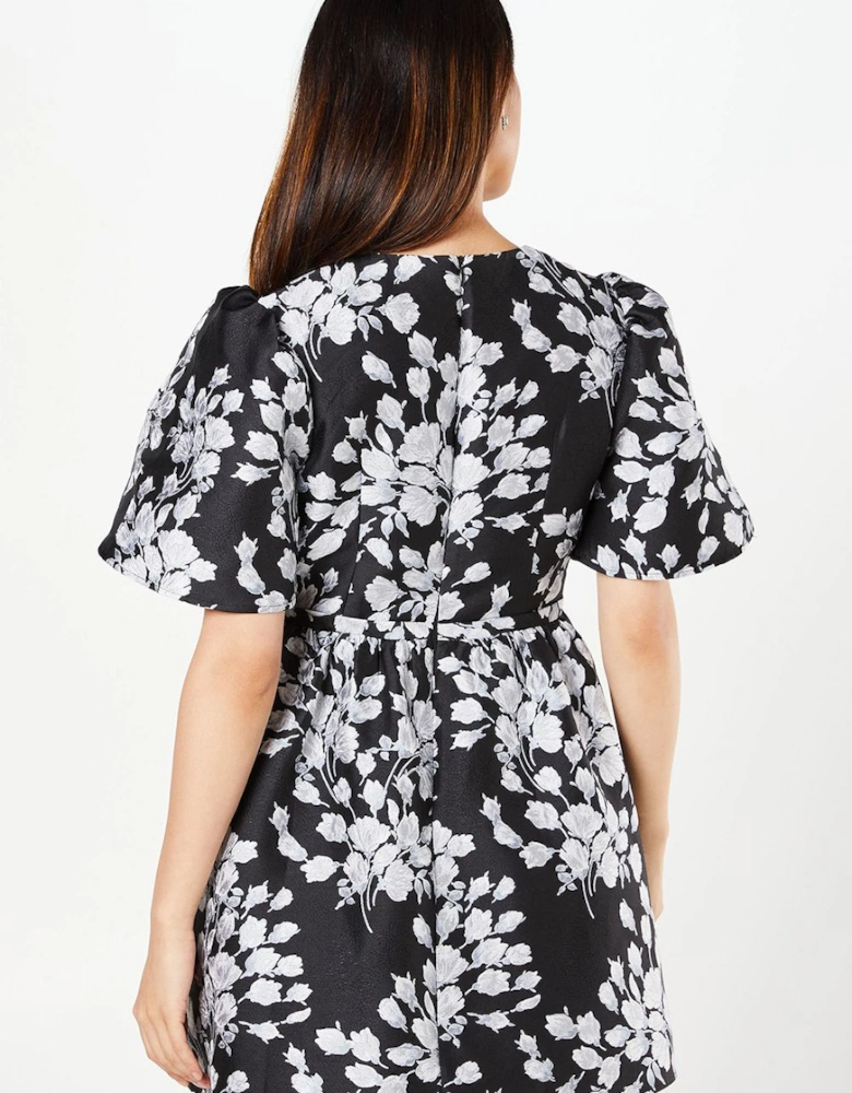 Floral Jacquard Short Sleeve Mini Dress