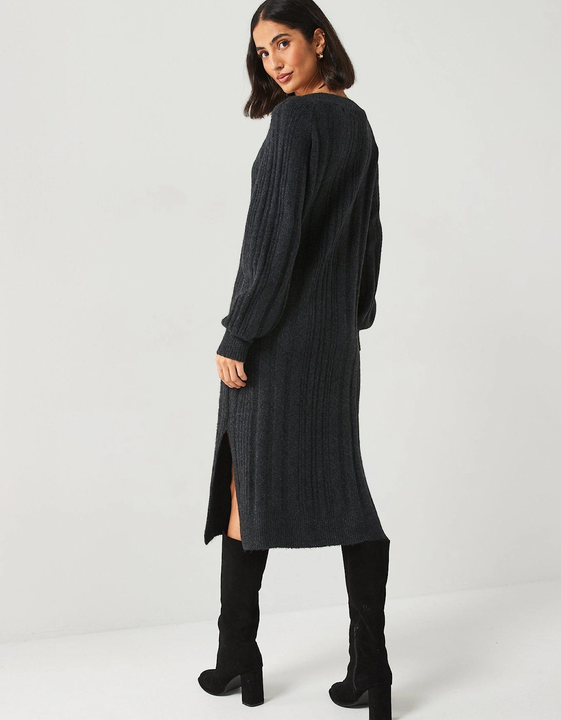 V Neck Rib Knitted Dress - Dark Grey