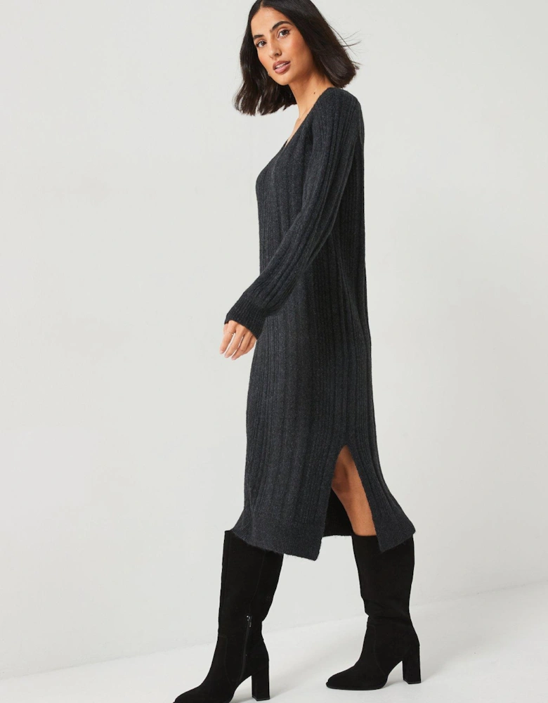 V Neck Rib Knitted Dress - Dark Grey