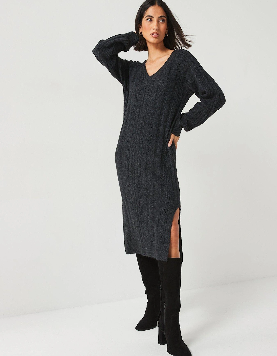 V Neck Rib Knitted Dress - Dark Grey