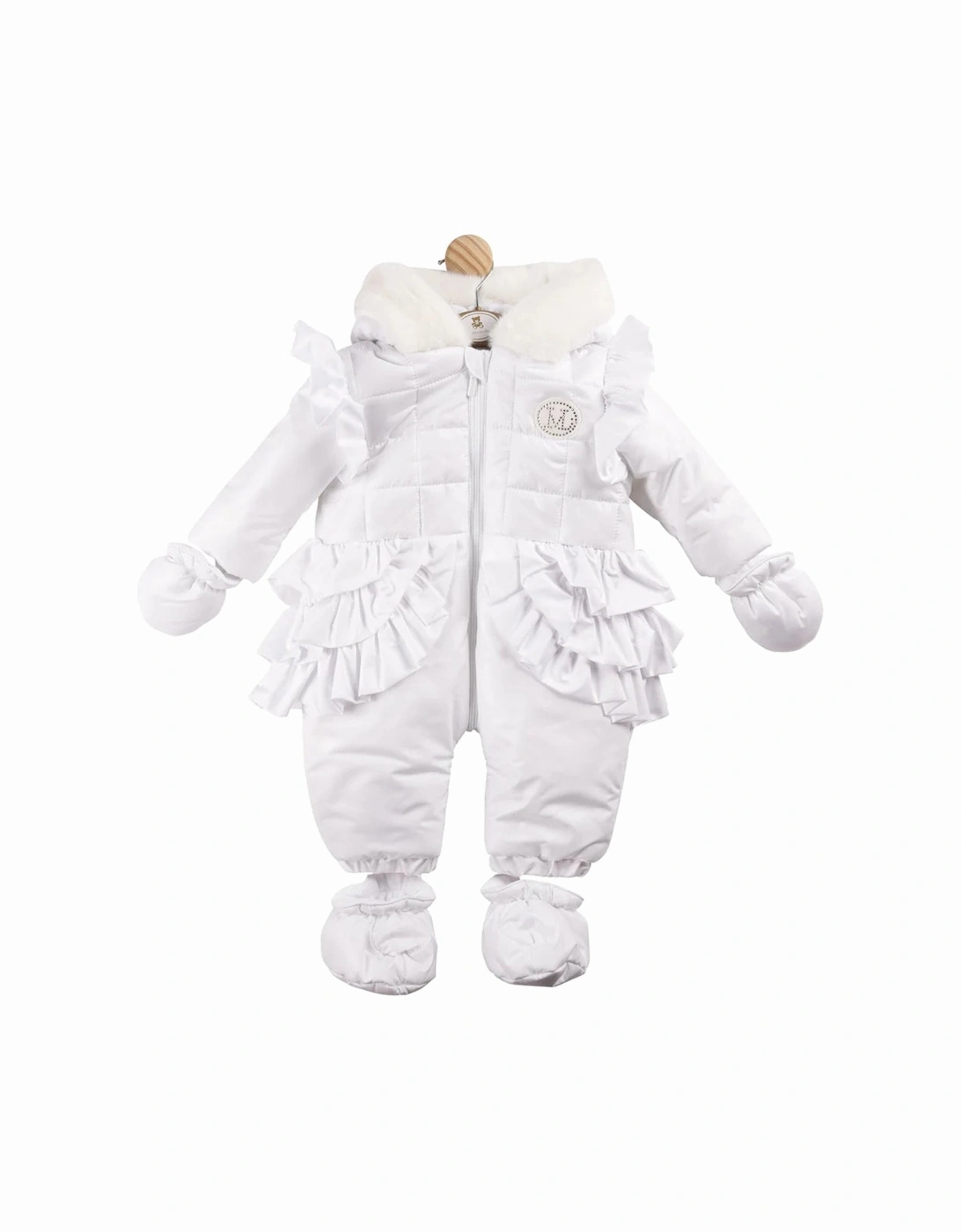 White Shiny Frill Padded Snowsuit, 3 of 2