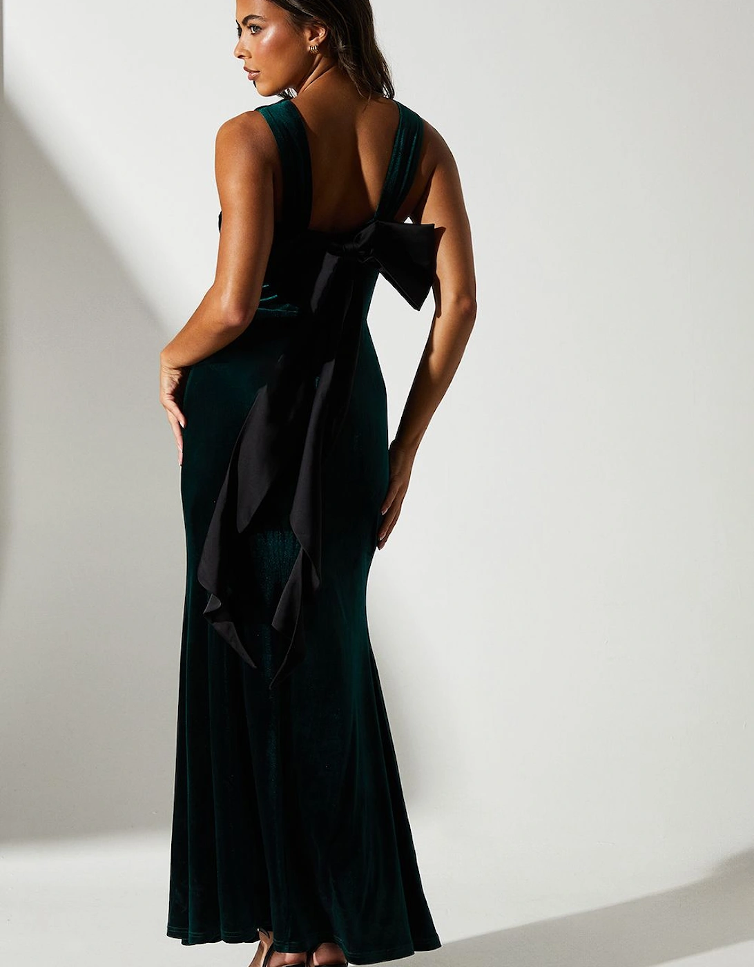 Velvet And Satin Bow Back Detail Maxi Dress