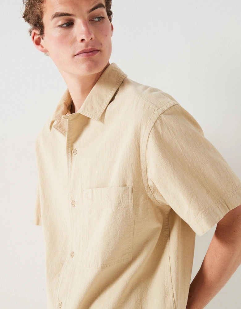 Textured Cotton Short Sleeve Shirt - Beige