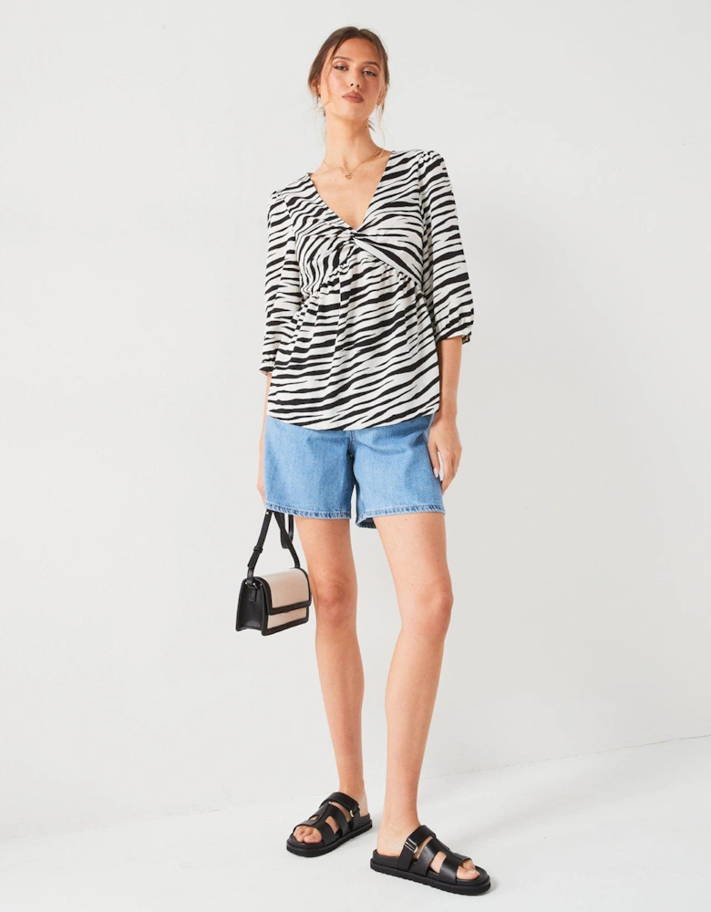 Animal Print Twist Front Blouse - Mono Stripe