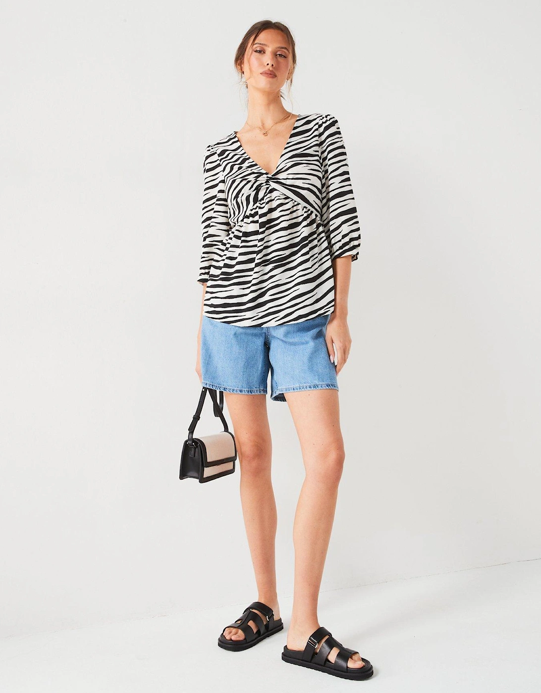 Animal Print Twist Front Blouse - Mono Stripe