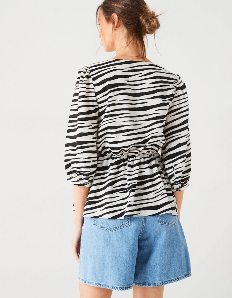 Animal Print Twist Front Blouse - Mono Stripe