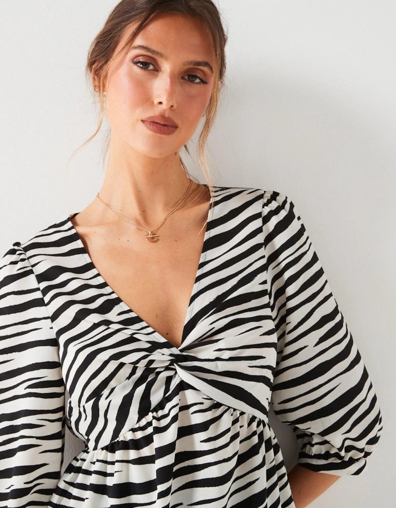 Animal Print Twist Front Blouse - Mono Stripe