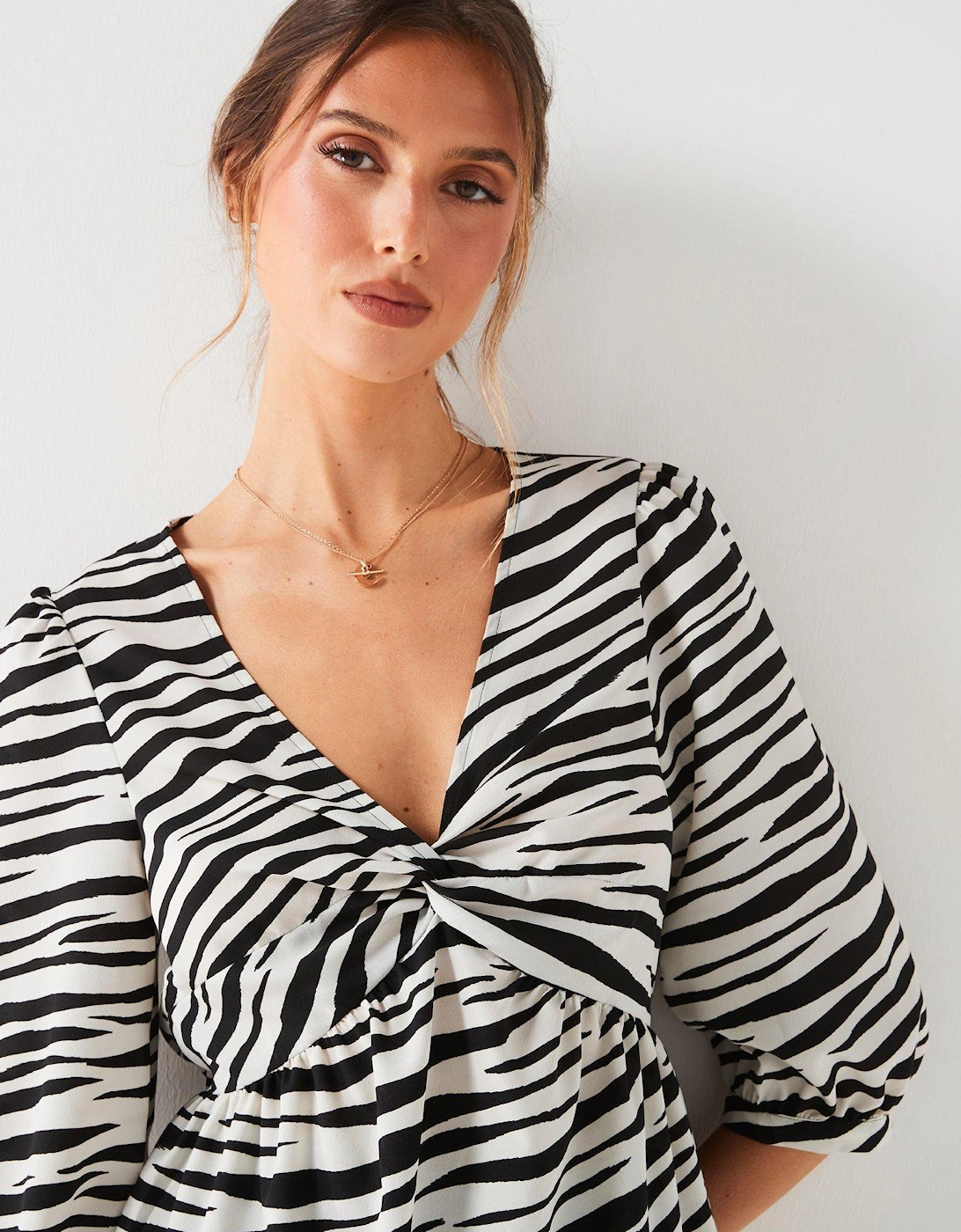 Animal Print Twist Front Blouse - Mono Stripe