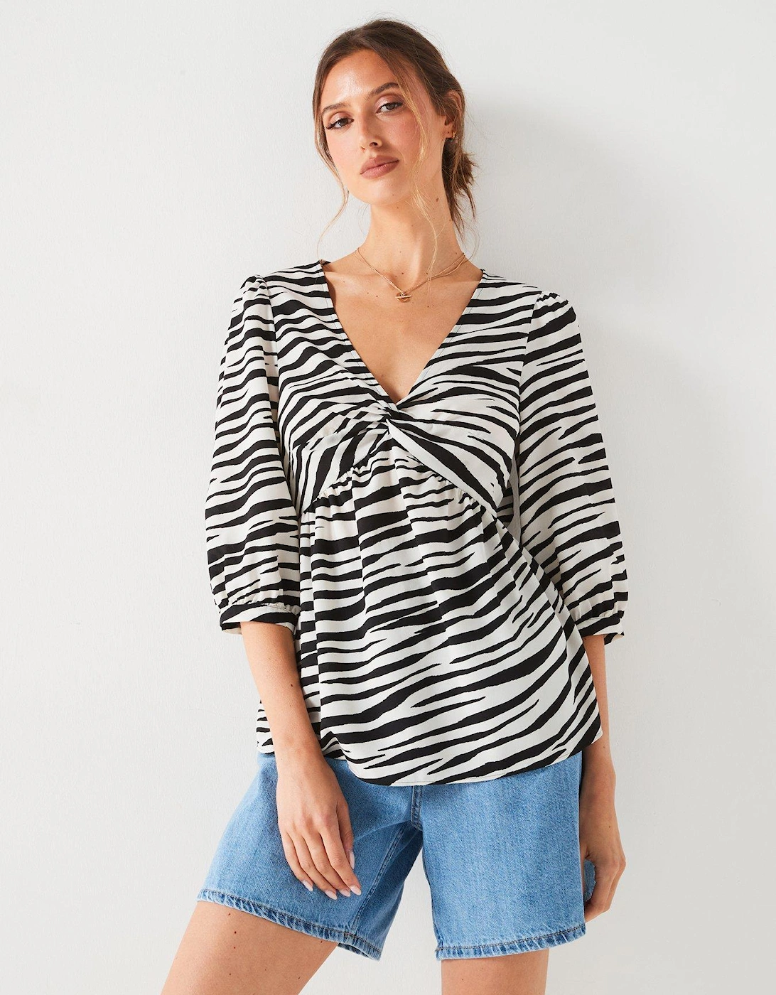 Animal Print Twist Front Blouse - Mono Stripe