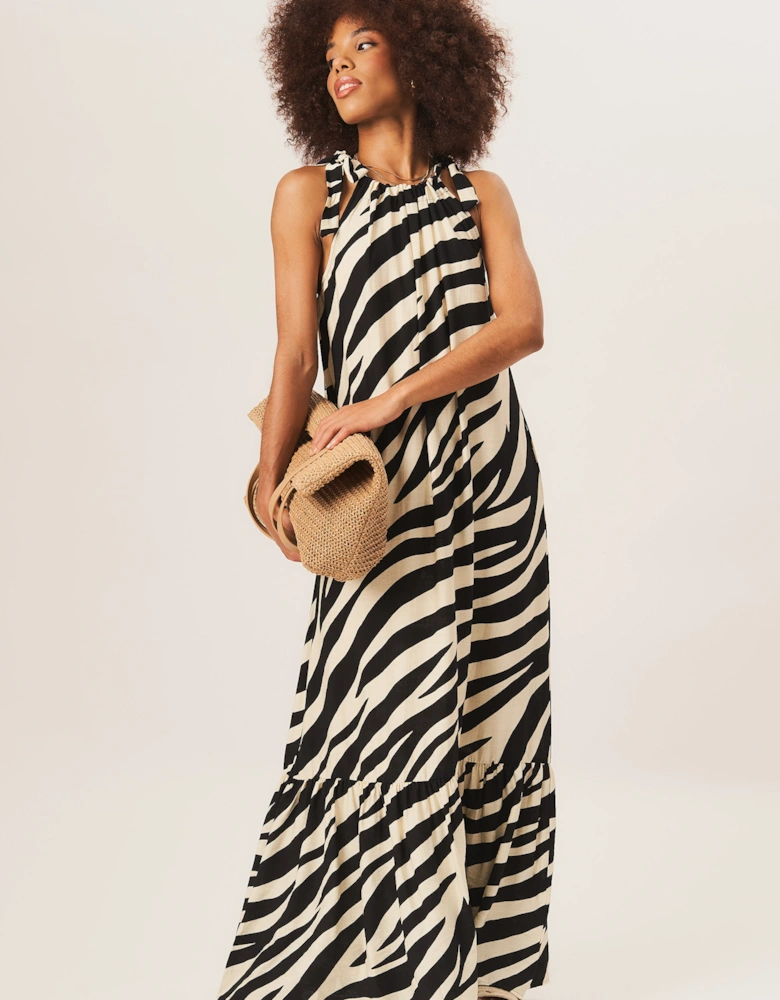 Mono Zebra Print Tie Shoulder Maxi Dress