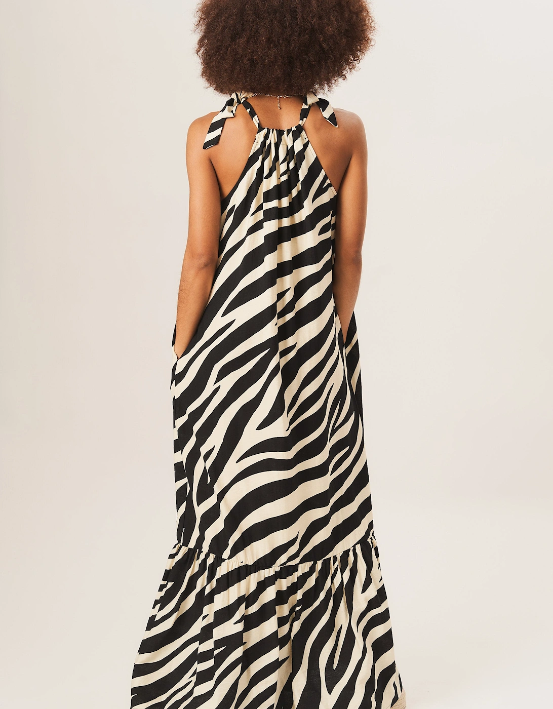 Mono Zebra Print Tie Shoulder Maxi Dress