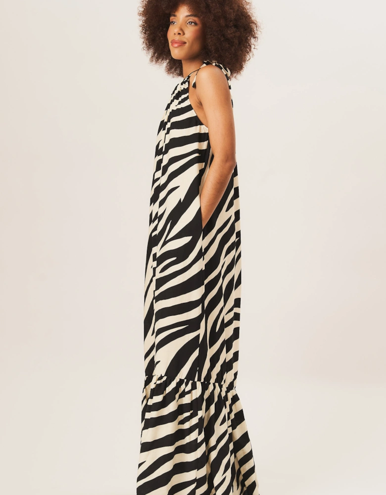 Mono Zebra Print Tie Shoulder Maxi Dress