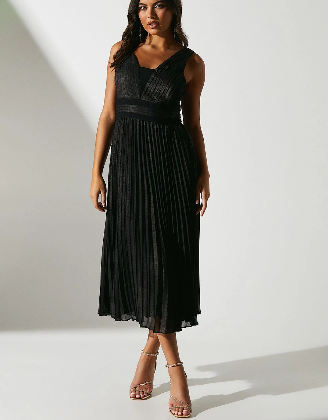 All Over Pleated Sleeveless Metallic Midi Dress, 6 of 5