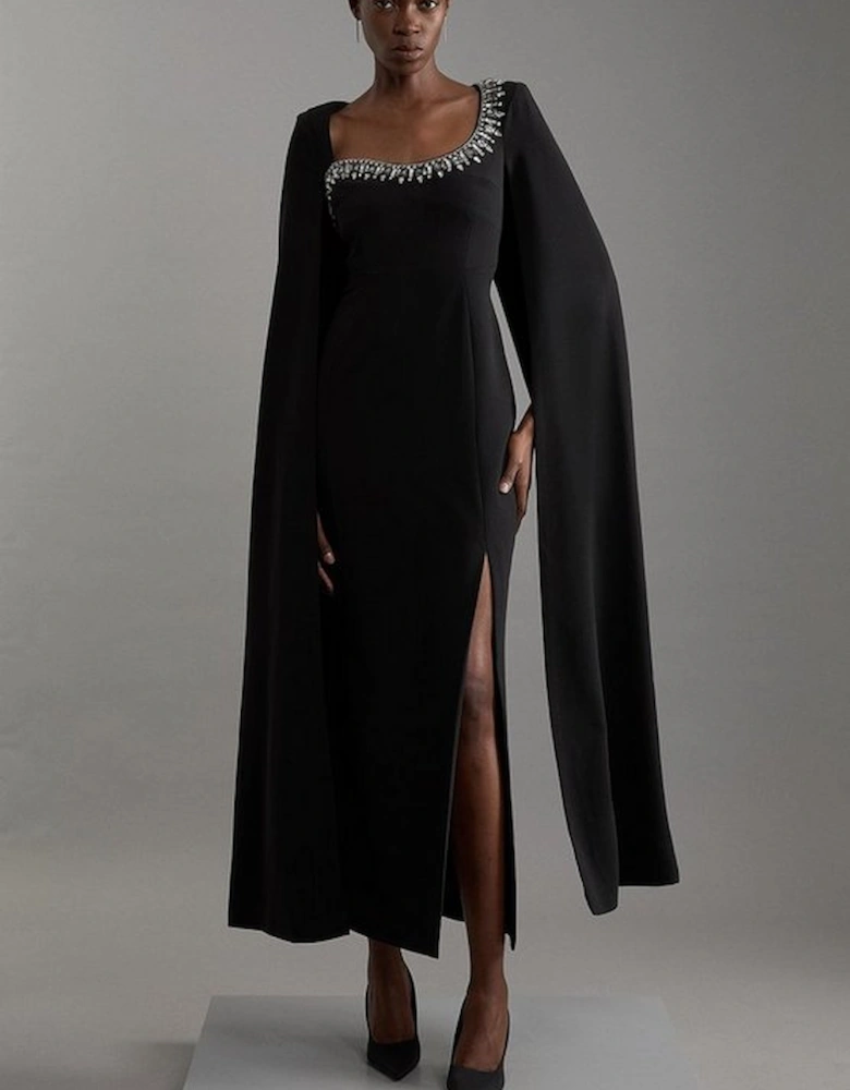 Petite Crystal Embellished Viscose Crepe Woven Cape Maxi Dress