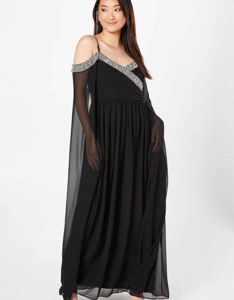 Cold Shoulder Chiffon Drape Sleeve Maxi DressWith Embellished Waistband