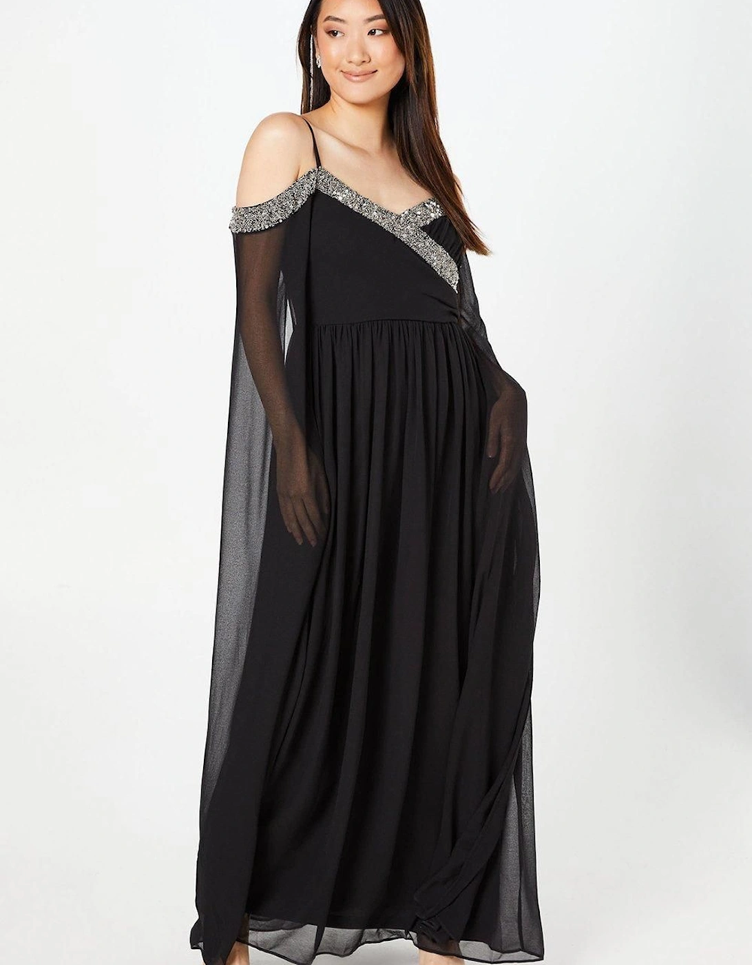 Cold Shoulder Chiffon Drape Sleeve Maxi DressWith Embellished Waistband, 6 of 5