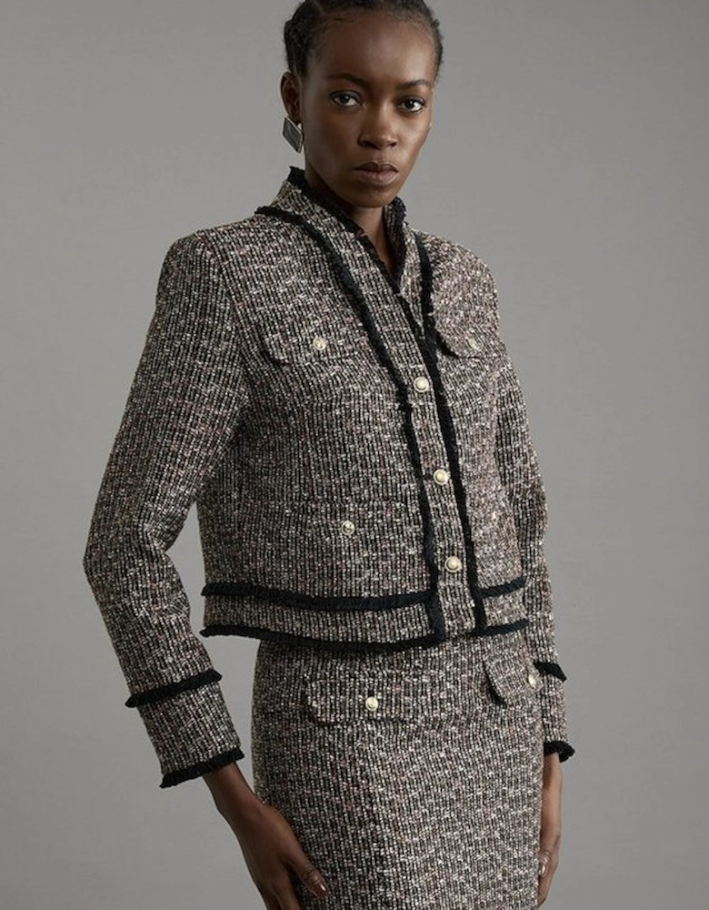 Wool Mix Boucle Tailored Cropped Collarless Jacket